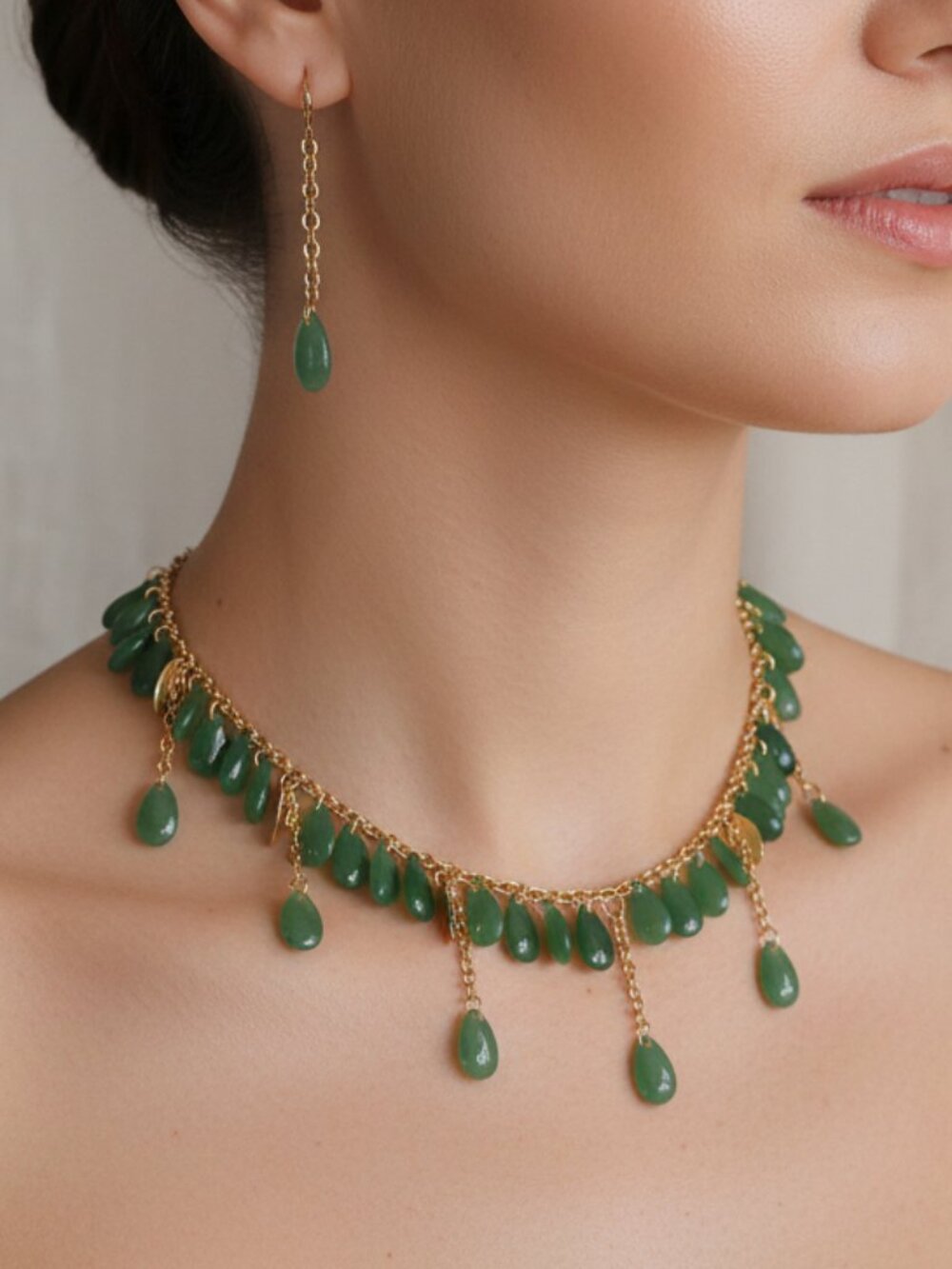 Handmade sage green drop glass beads jewelry set